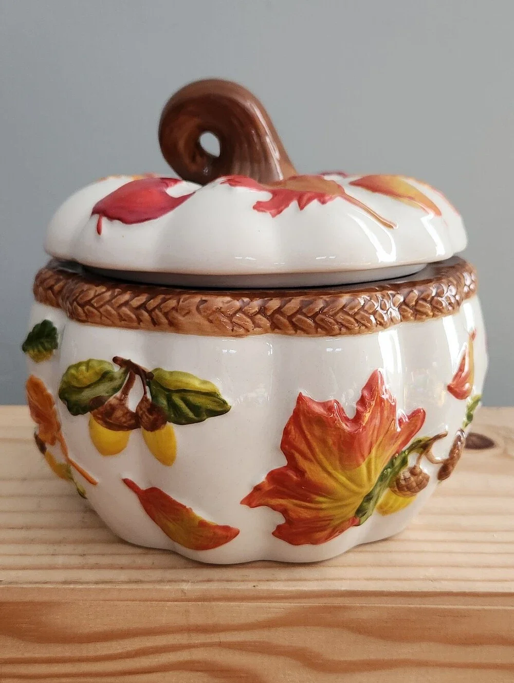 Autumn Fall Leaf Ceramic Pumpkin Shaped Covered Jar